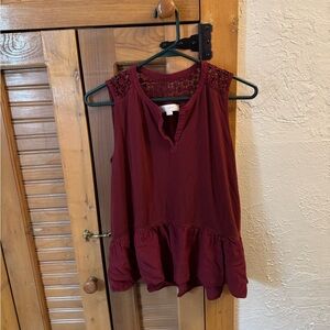 Ann Taylor LOFT Burgundy Sleeveless Blouse with Lace Detail